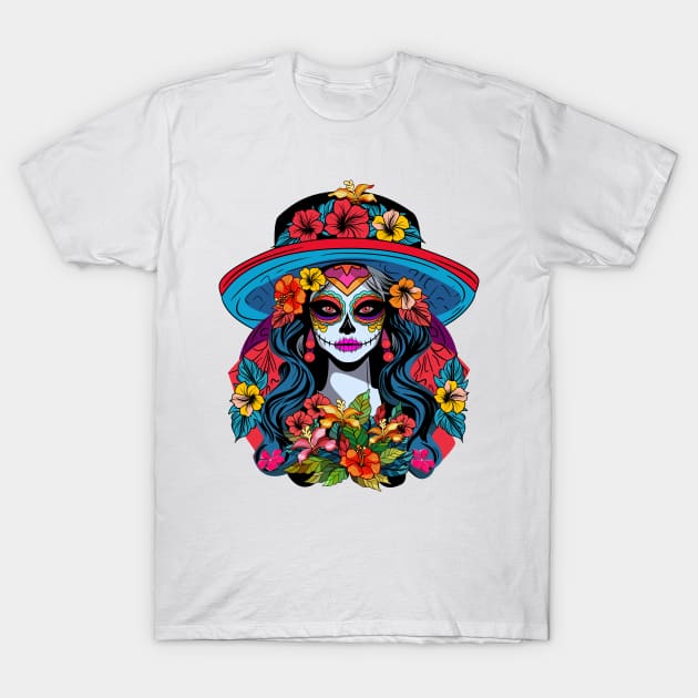 La Catrina with flowers T-Shirt by Maria Zavoychinskiy 